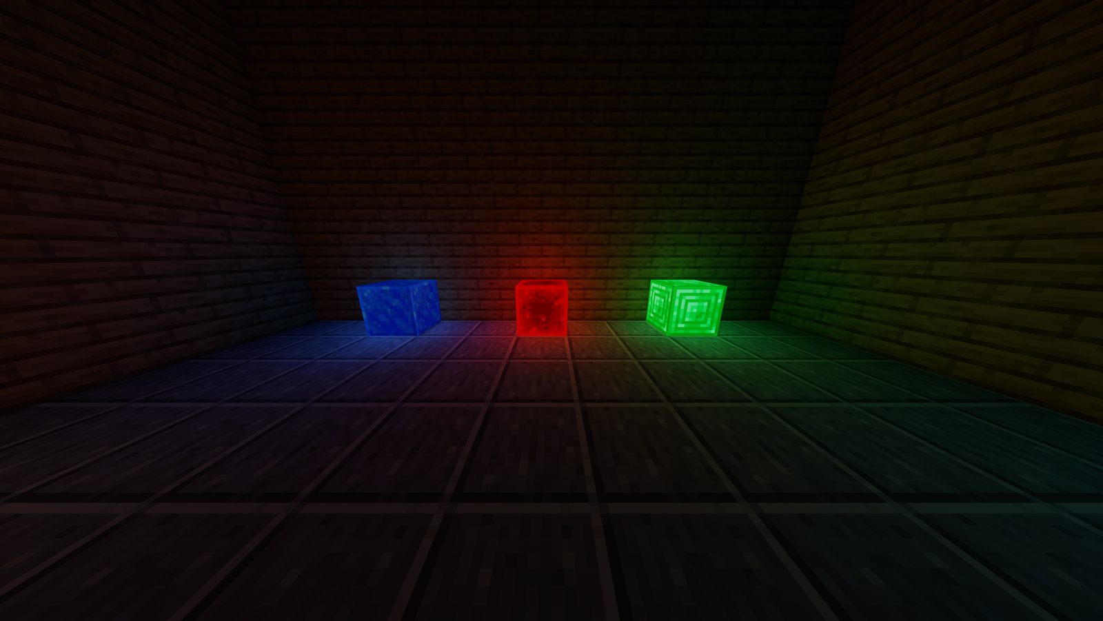 The same blocks with Prisma: blue, red and green light coloring the floor and walls